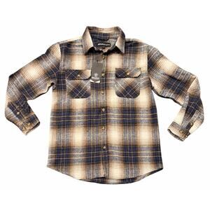 Molokai Surf Co. Flannel Button Up Longsleeve Plaid Shirt Blue/White/Brown Sz S